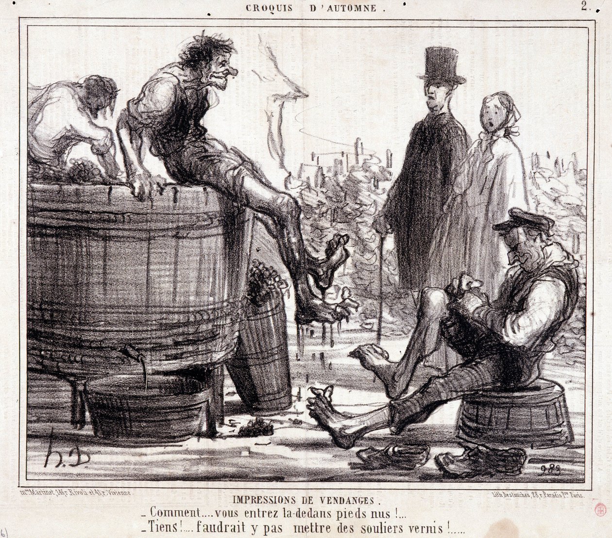 Caricature sur les vendangeurs foulant des raisins pieds nus, de la série « Croquis d