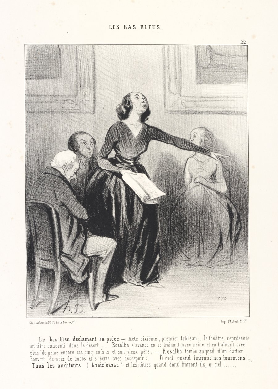 Le bas bleu déclamant sa pièce, planche 22 de la série Les Bas-Bleus du journal Le Charivari - Honoré Daumier