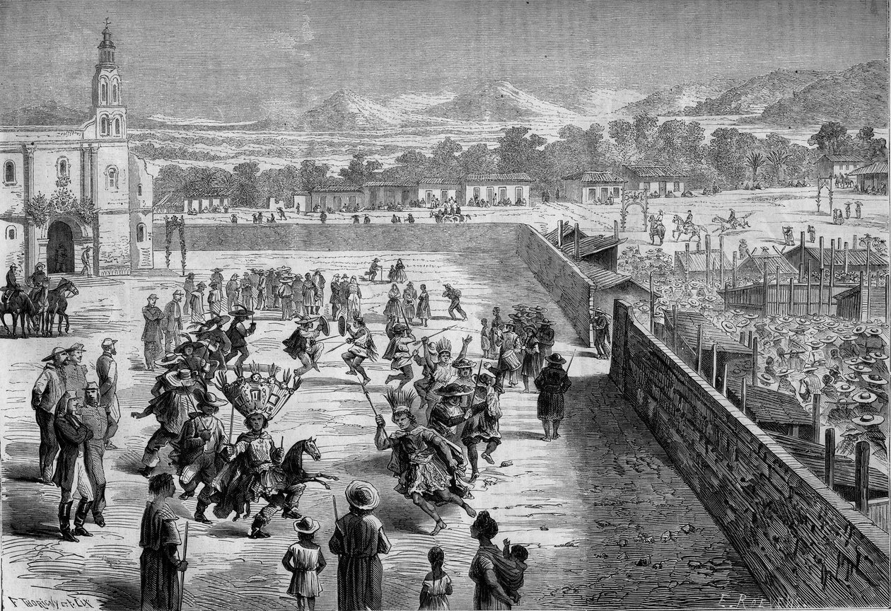 Coutume mexicaine : fête et danse indienne à Santa Anna (Mexique) en mémoire de la conquête de Fernando Cortez. Les Mexicains étaient déguisés en conquistadors espagnols et en soldats de l