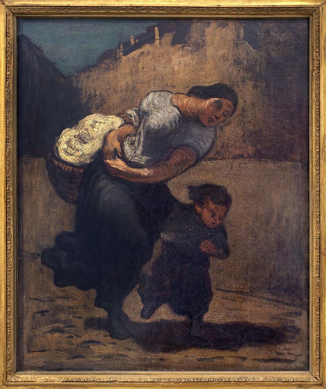 La tempête (la lavande). Une femme tenant un panier avec un enfant, probablement pour se protéger de la pluie. - Honoré Daumier