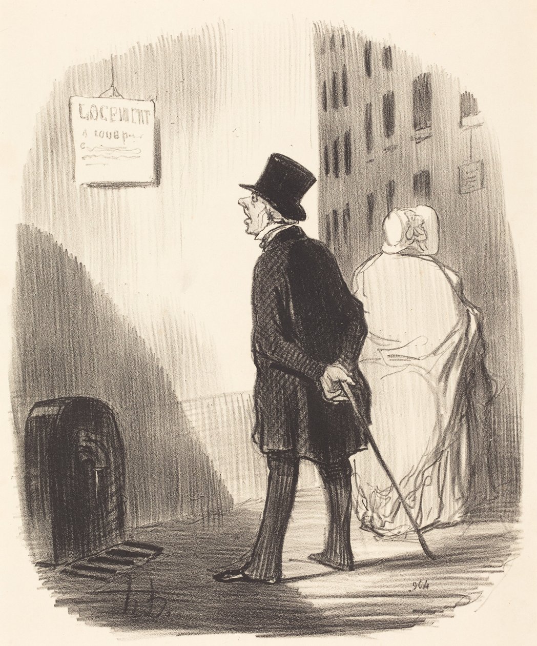 Tiens, voilà un écriteau que ma femme a passé... - Honoré Daumier