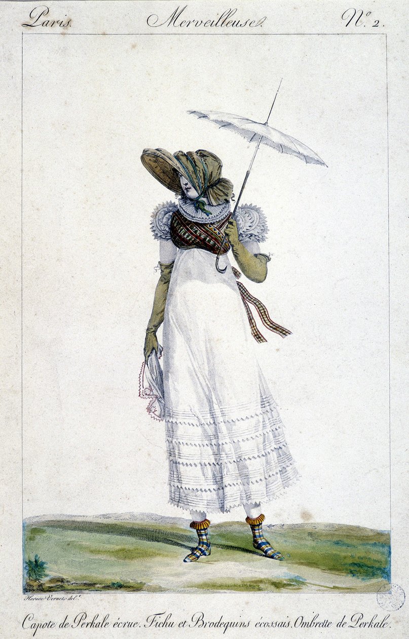 Gravure de mode par Horace Vernet (1789 - 1863), réalisée vers 1810 pour « Un Merveilleux », représentant une femme portant un dais écru, une broderie sanglante, un tartan et un parapluie - Emile Jean Horace Vernet