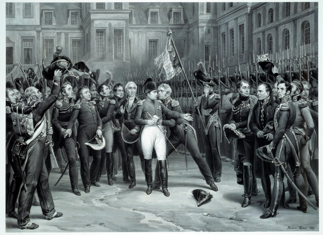 Les adieux de Napoléon Bonaparte (1769-1821) à la garde impériale dans la cour du Cheval Blanc à Fontainebleau 20/04/1814 Gravure par Émile Vernet dit Horace Vernet (1789-1863) 1814 Paris, B.N. - Emile Jean Horace Vernet