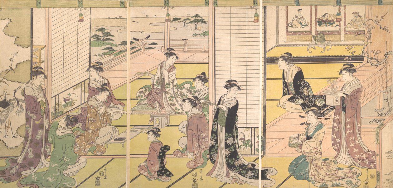 Hommage aux trois dieux de la poésie : femmes composant des poèmes, vers 1792 - Hosoda Eishi