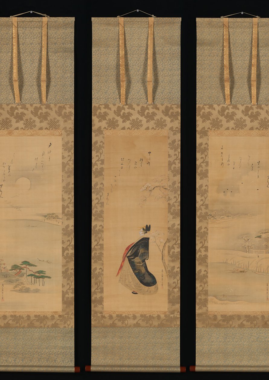 Neige, lune et fleurs de cerisier à Yoshiwara en trois saisons, début du 19e siècle - Hosoda Eishi