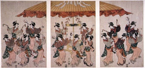 La danse Sumiyoshi, triptyque, c.1791 - Hosoda Eishi