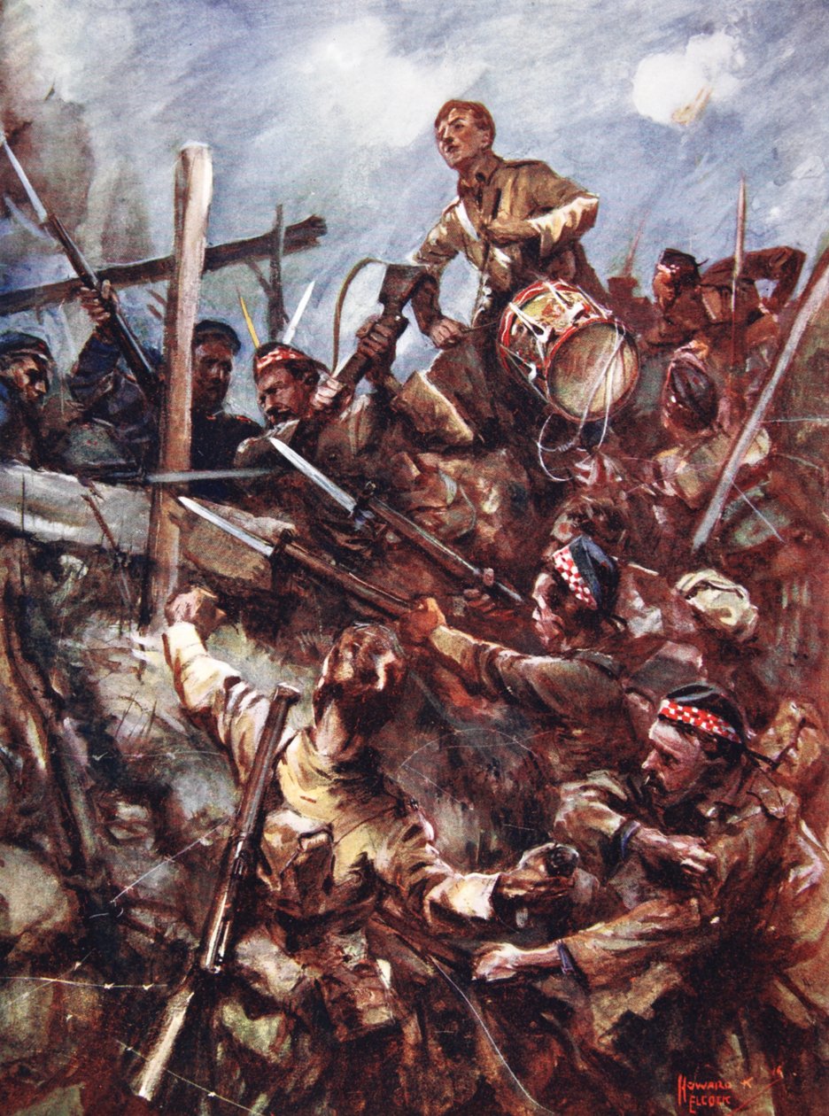 Le tambour W. Ritchie debout sur le parapet ennemi pour sonner la charge sous des tirs de mitrailleuses et des attaques à la bombe - Howard K. Elcock