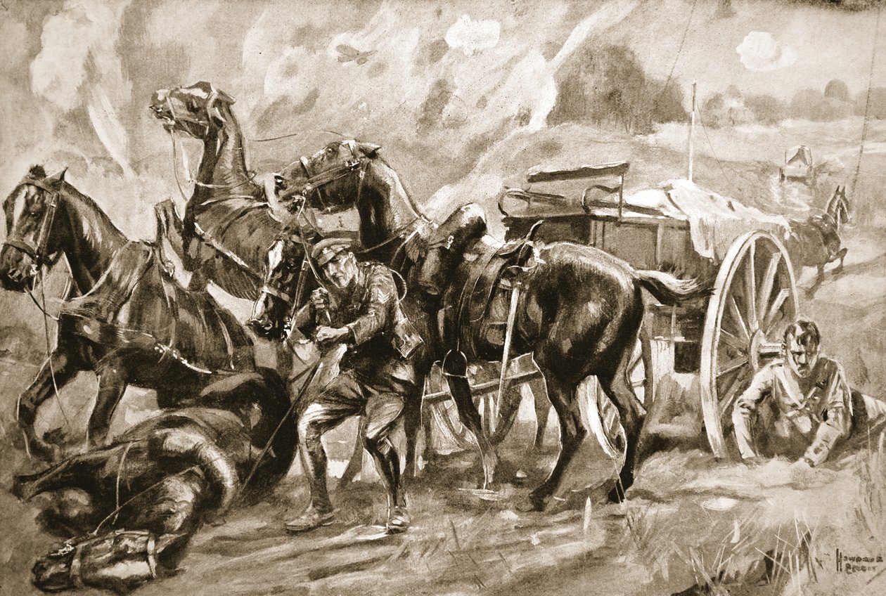Le Sergent W.G. Pull extrayant une équipe de canons, dont les meneurs avaient été touchés, et amenant les chevaux et les hommes survivants en sécurité - Howard K. Elcock
