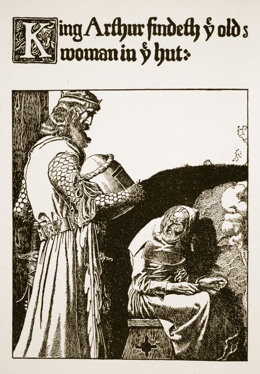 Le Roi Arthur trouve la vieille femme dans la hutte, illustration de 