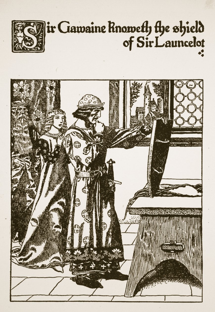 Sir Gawaine reconnaît le bouclier de Sir Launcelot, illustration de 