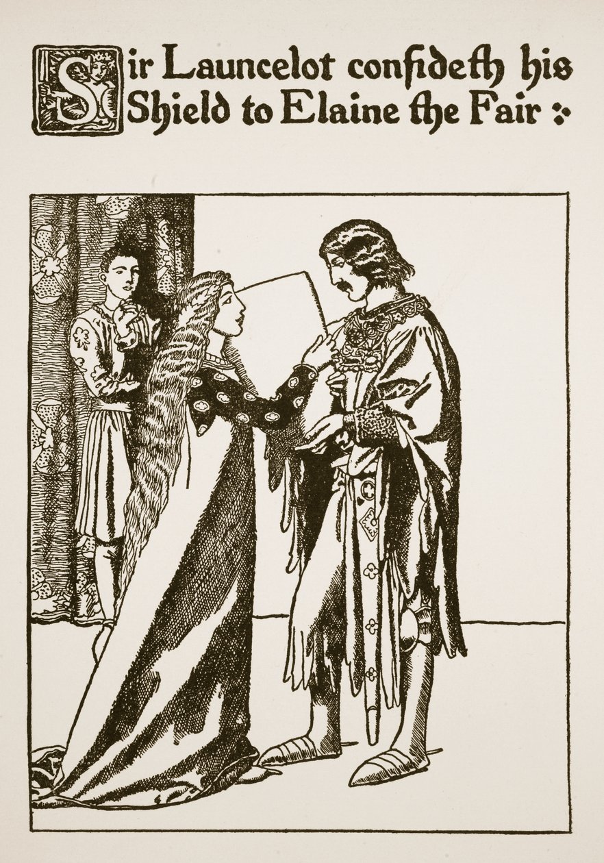 Sir Launcelot confie son bouclier à Elaine la Belle, illustration de 