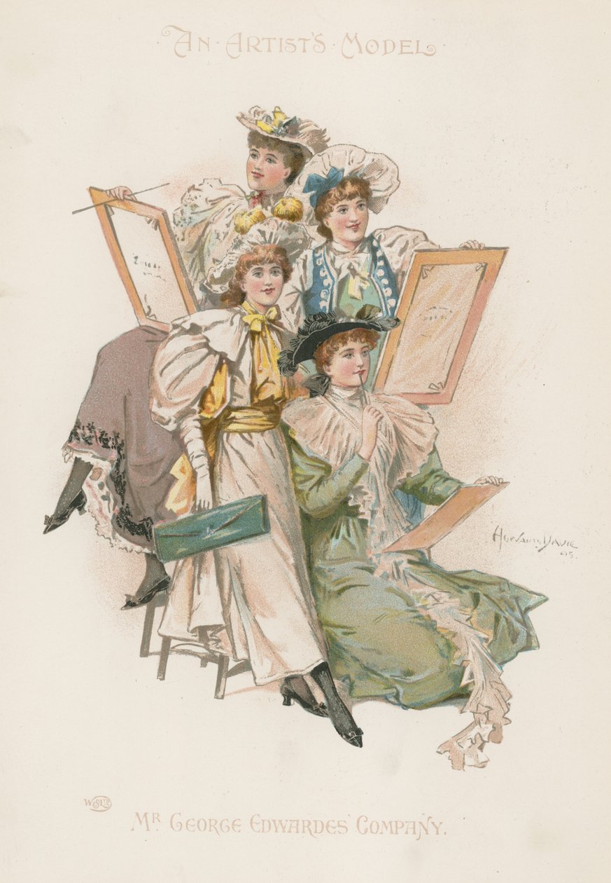 Groupe de quatre femmes bien habillées tenant des planches à dessin (lithographie couleur) - Howard Davie