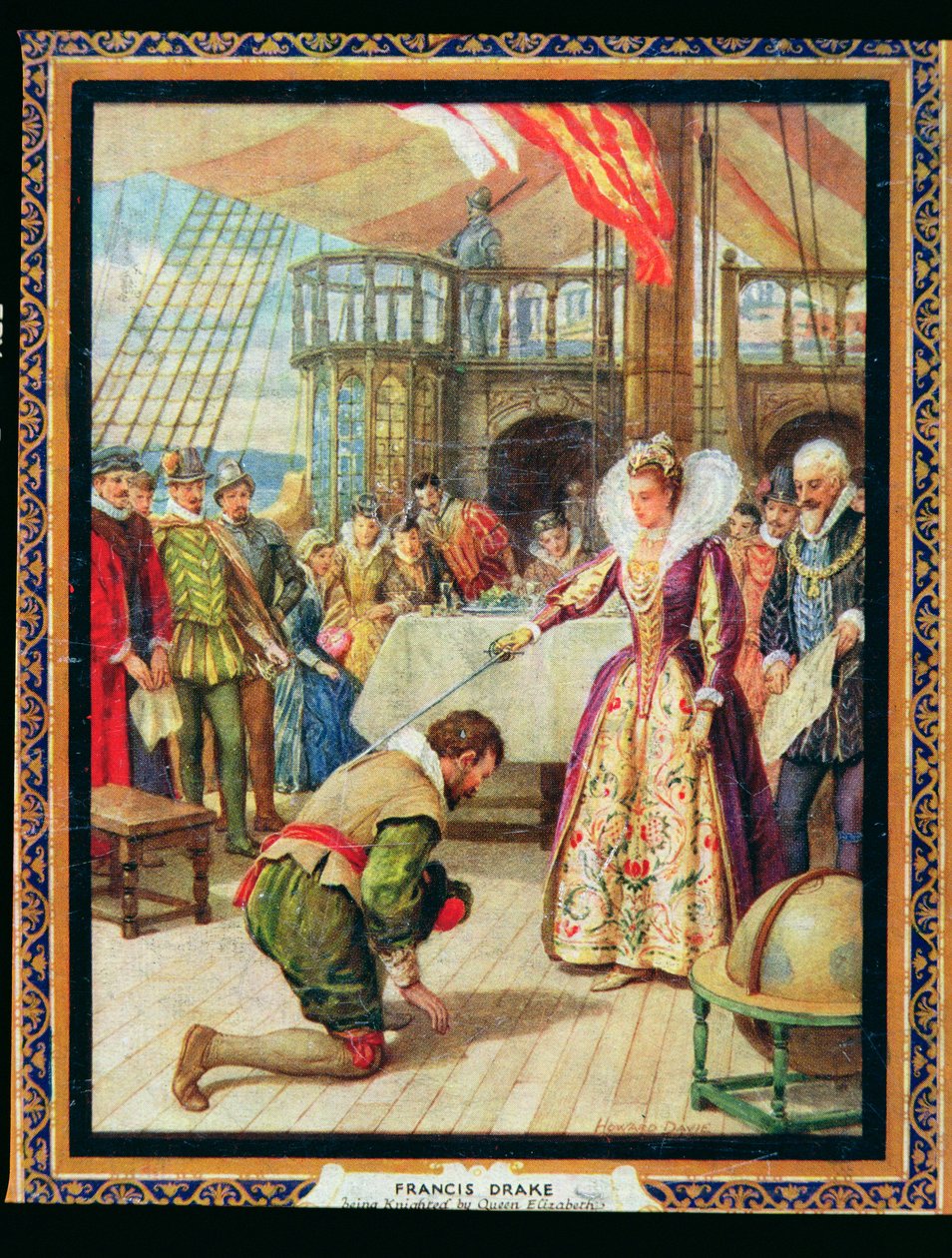 La reine Elizabeth I (1530-1603) fait chevalier Francis Drake (1540-96), illustration de 