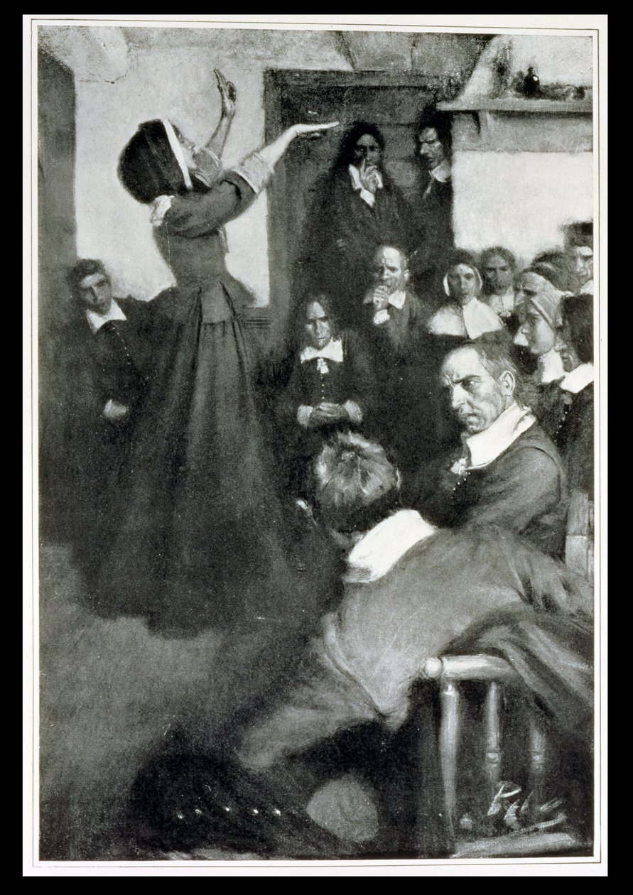 Anne Hutchinson prêchant dans sa maison à Boston, 1637, illustration de 