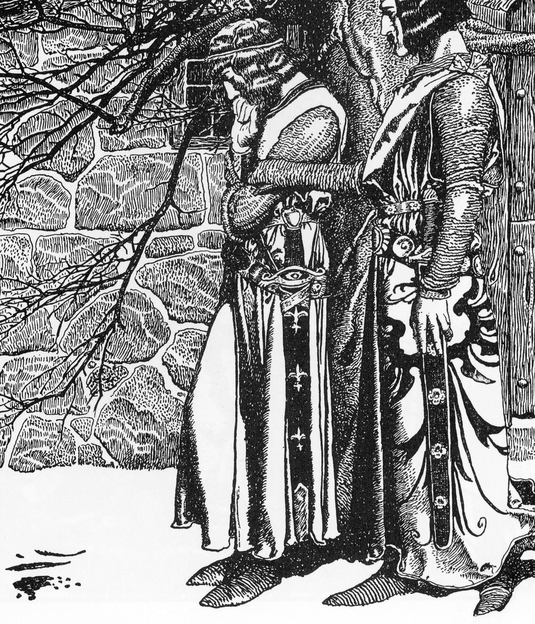 Légende arthurienne : Le chevalier Kay (Keu) et Perceval Illustration par Howard Pyle (1853-1911) de « L