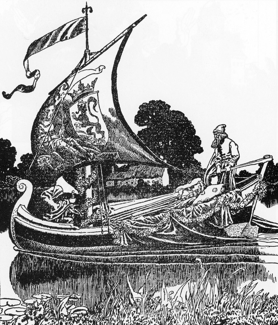 Légende arthurienne : La barque des morts apporte le corps du roi Arthur Illustration par Howard Pyle (1853-1911) de « L