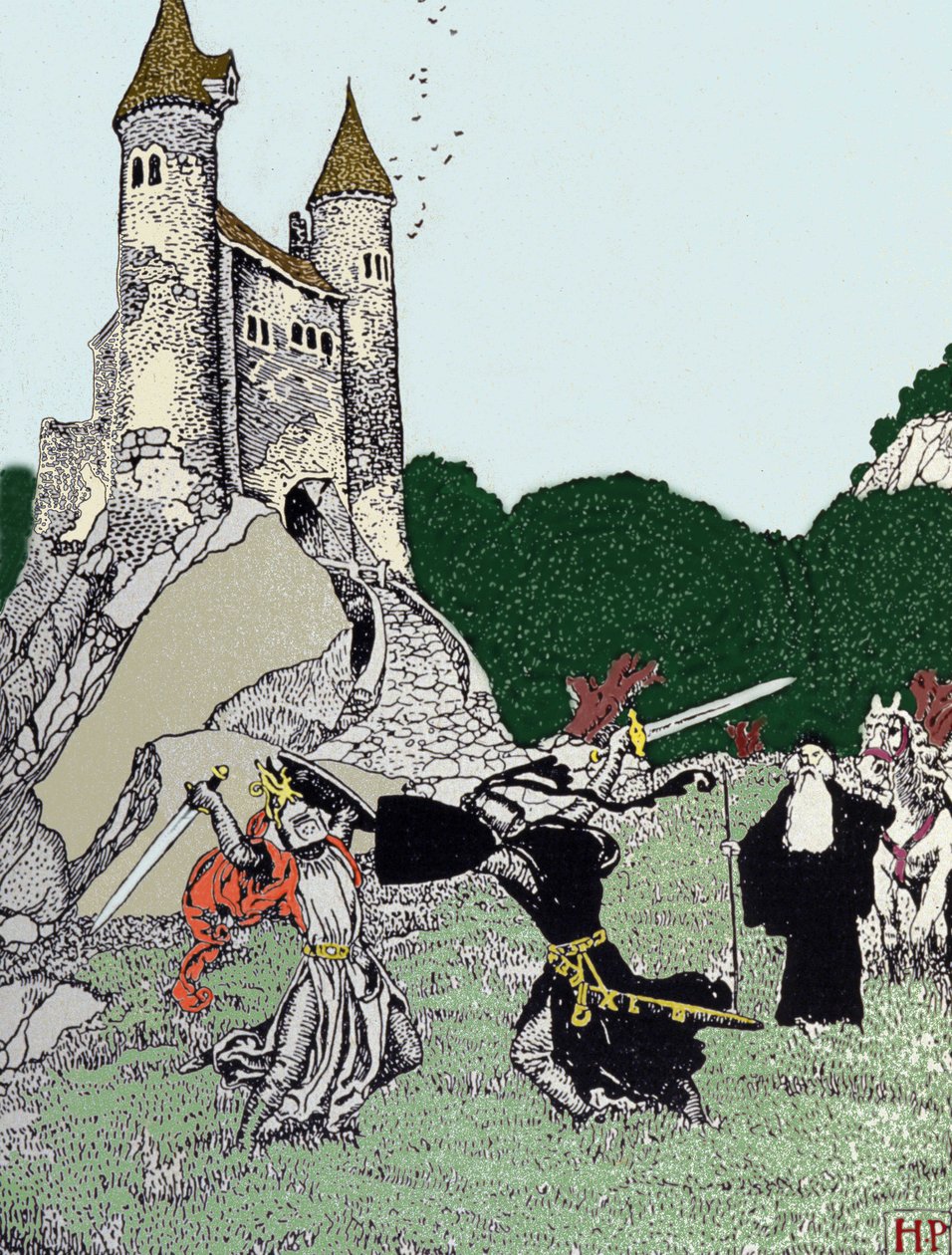 Bataille entre le roi Arthur et le chevalier noir en présence de Merlin l