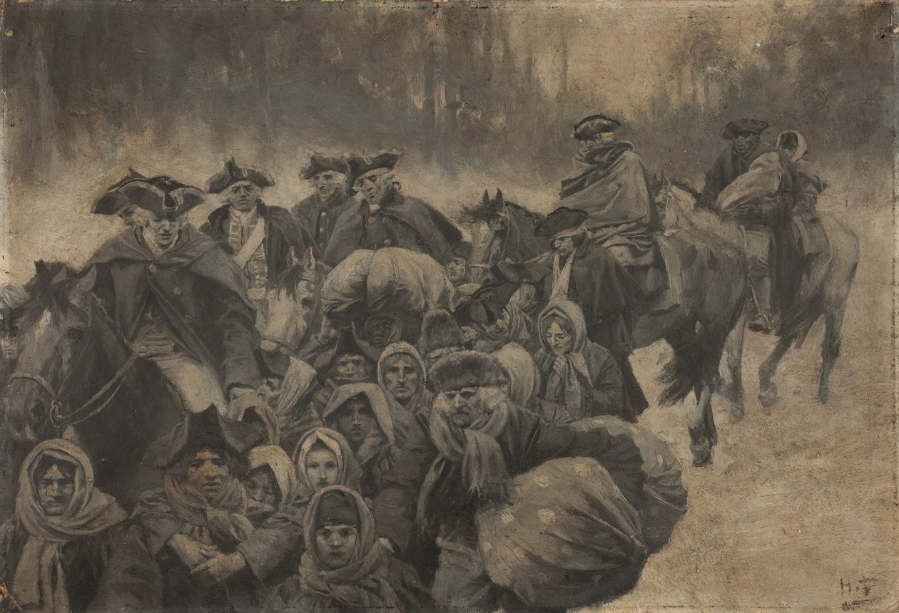 Cinq soldats en manteau rouge à cheval, avec un autre enveloppé jusqu