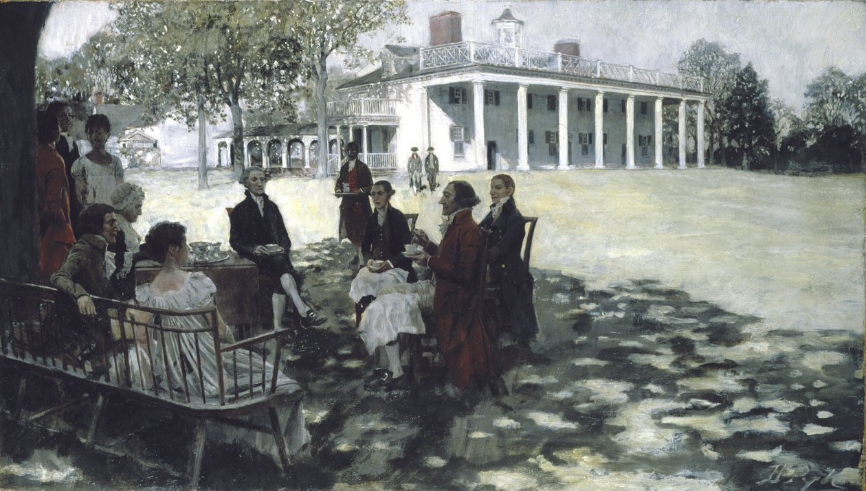 Martha et George Washington recevant leurs amis sur la pelouse de Mount Vernon, 1898 - Howard Pyle