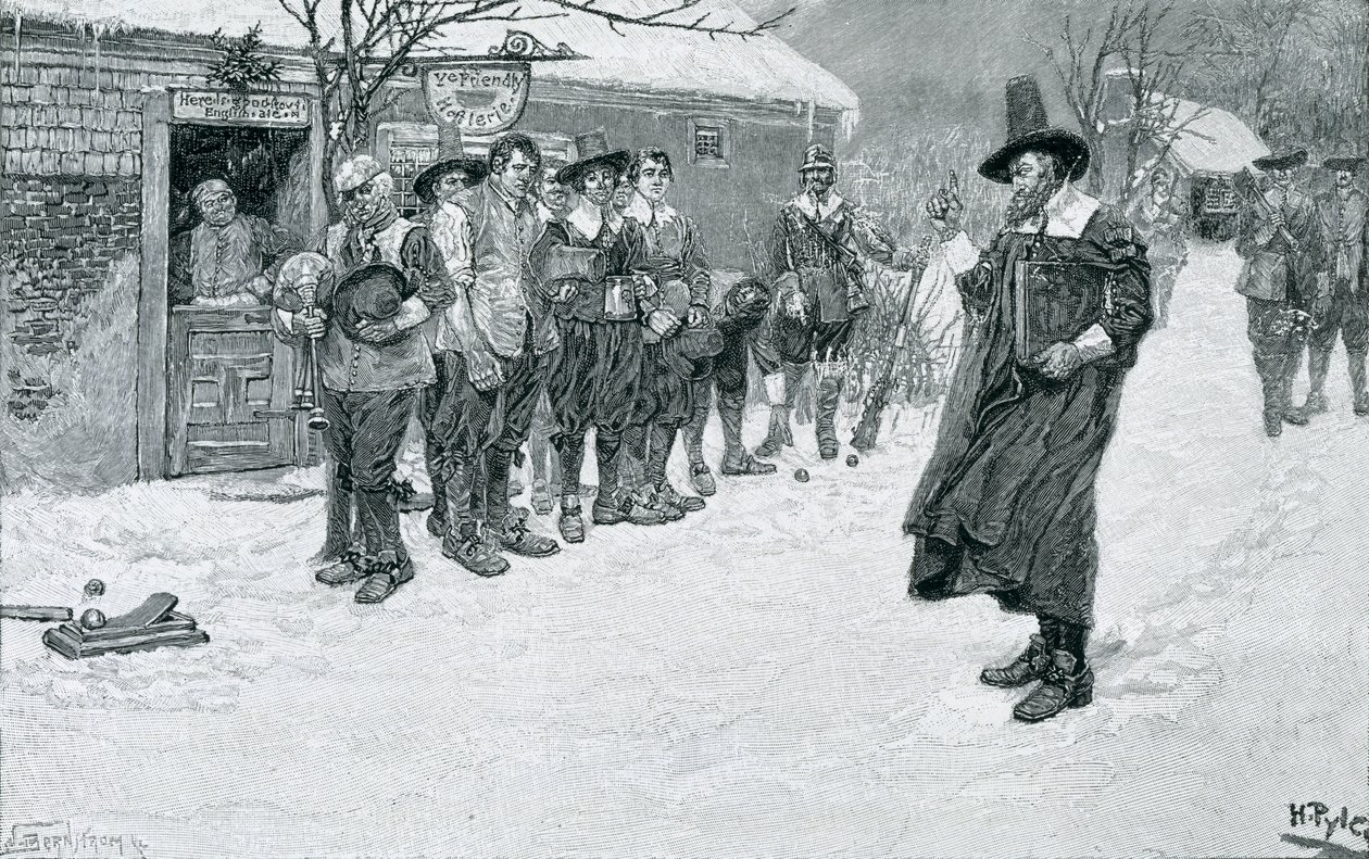 Le gouverneur puritain interrompant les sports de Noël, gravé par J. Bernstrom, illustration de 