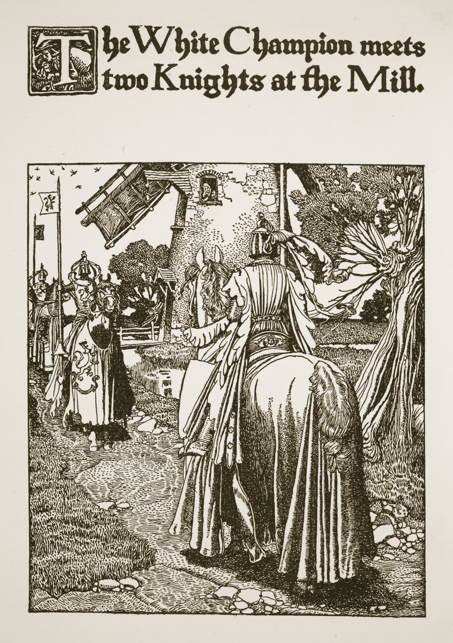 Le Champion blanc rencontre deux chevaliers au moulin, illustration de 