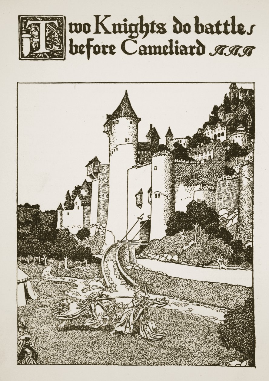 Deux chevaliers se battent devant Cameliard, illustration de 