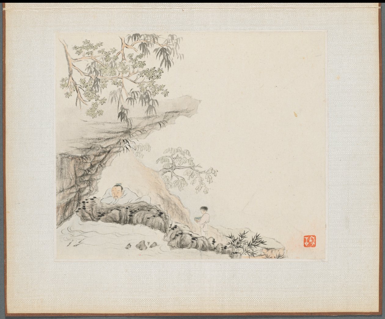 Album de Peintures de Paysages Illustrant de Vieux Poèmes : Un homme allongé sous un surplomb rocheux ; un garçon se tient à sa droite - Hua Yan