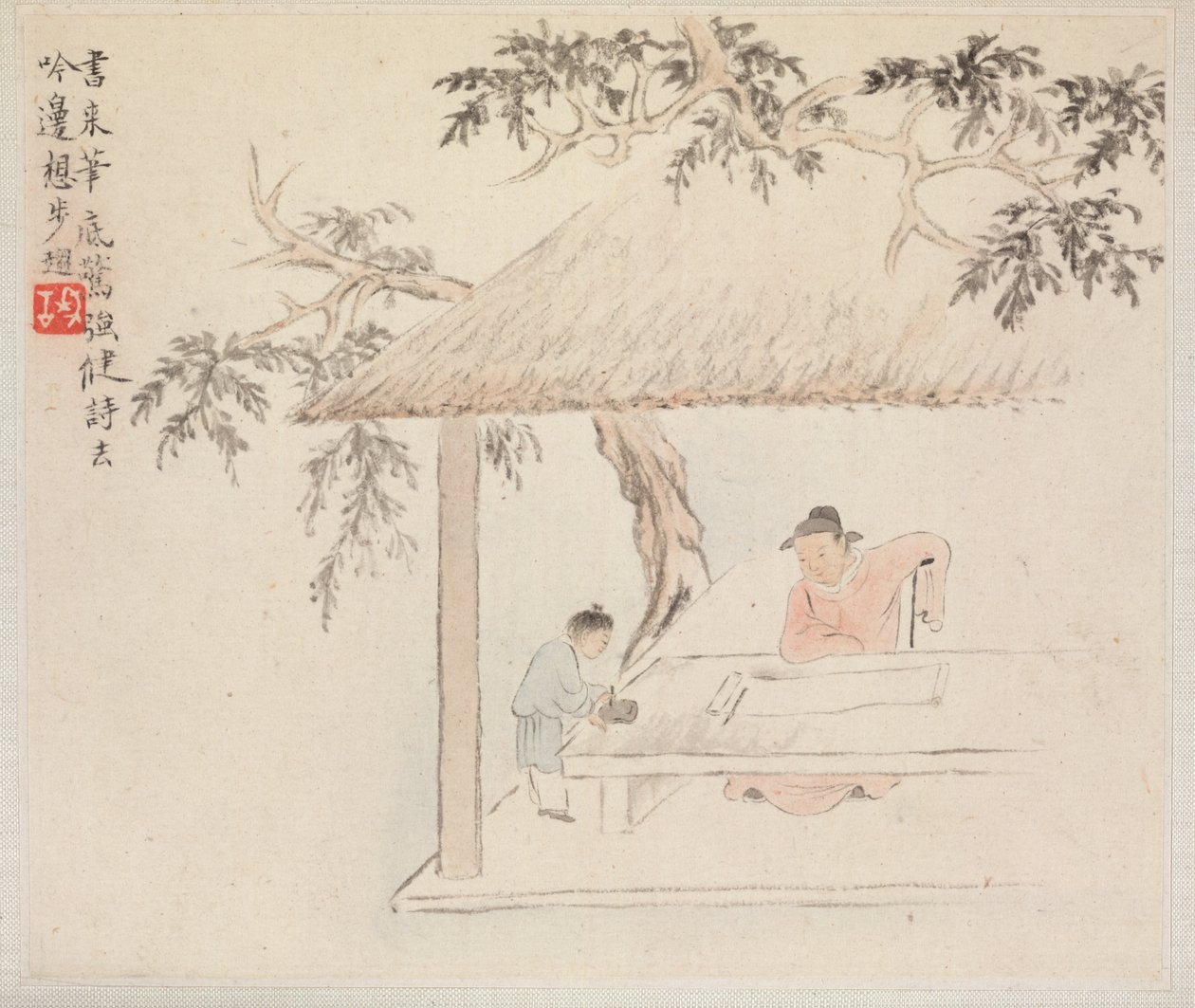 Album de peintures de paysages illustrant de vieux poèmes : Un homme assis à une table..., 1700s - Hua Yan