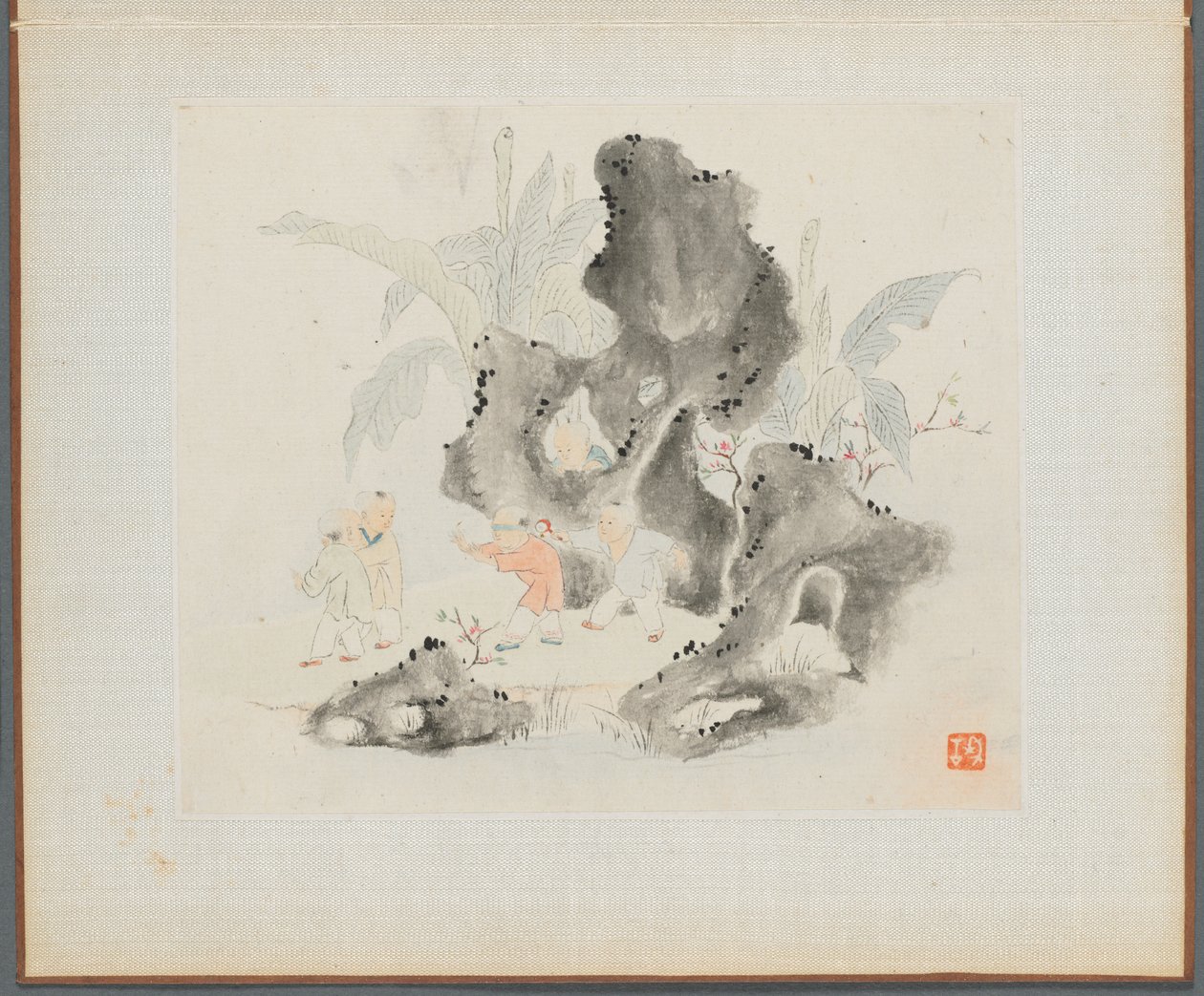 Album de peintures de paysages illustrant de vieux poèmes : Enfants jouant dans un bosquet rocheux, 18e siècle - Hua Yan