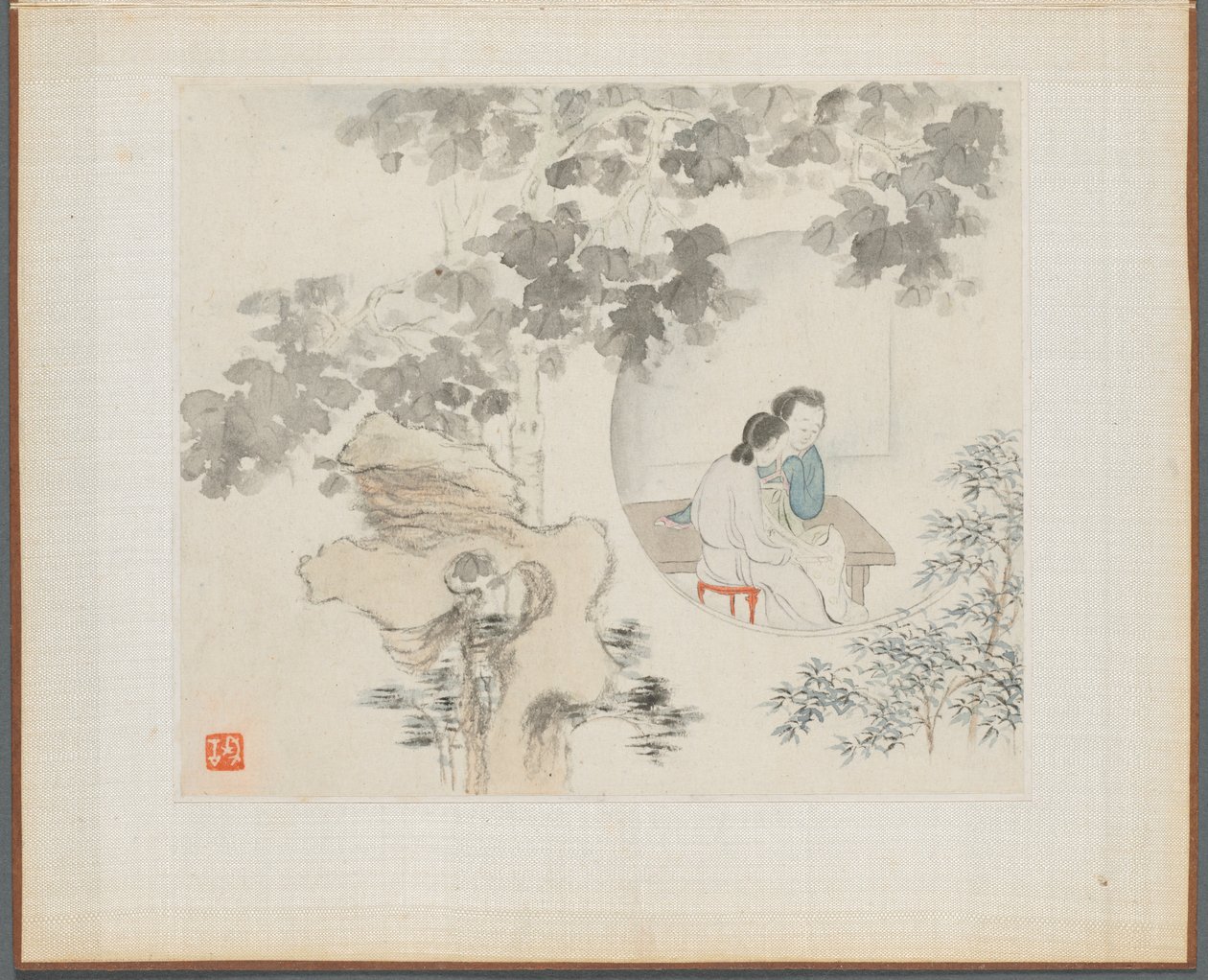 Album de Peintures de Paysages Illustrant de Vieux Poèmes : Deux femmes assises à une table dans un cercle visible dans un paysage - Hua Yan
