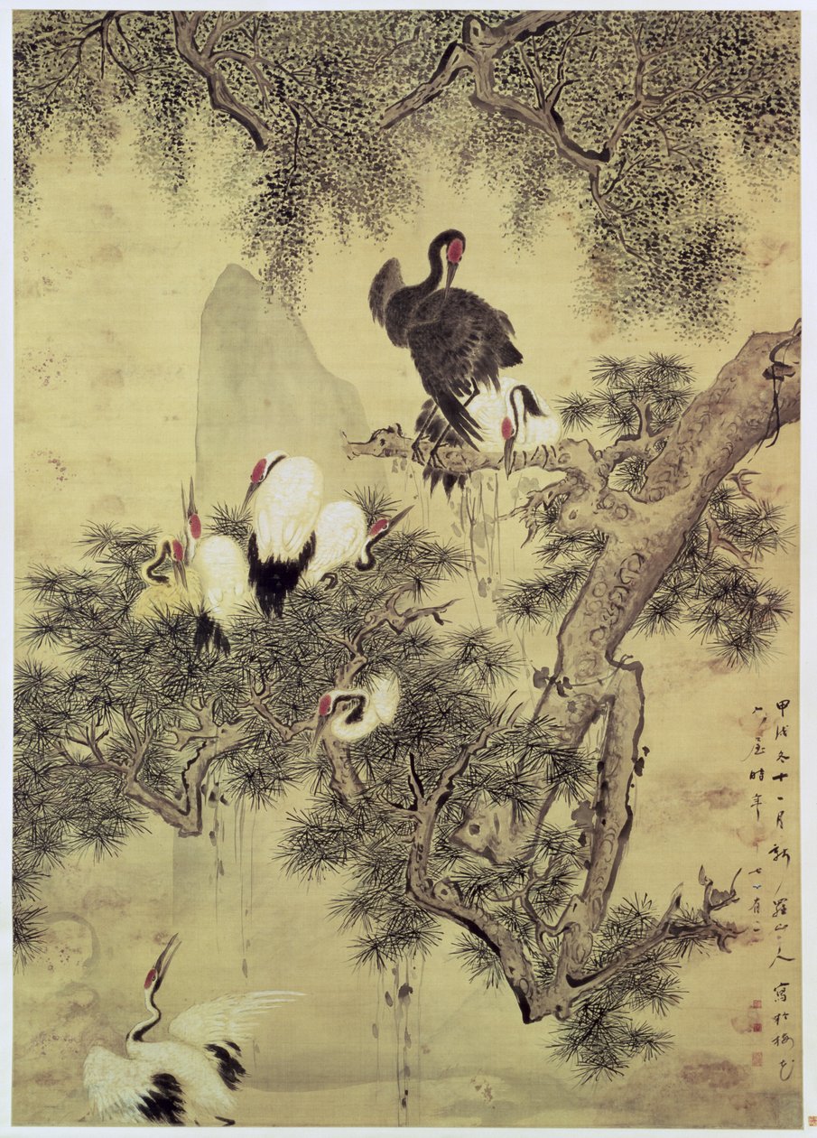 Huit hérons à crête rouge dans un pin, 1754 - Hua Yan