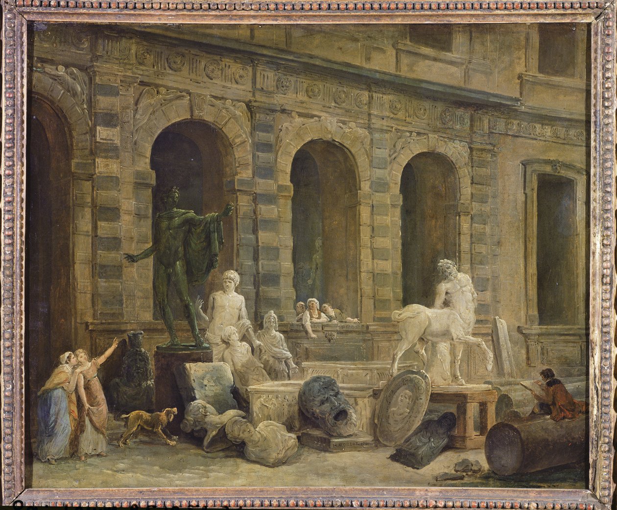 Un homme dessinant des antiquités devant la Petite Galerie du Louvre, 1781 - Hubert Robert