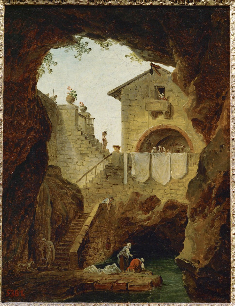 Lavandières. La fontaine sous la grotte. Lavandières. La fontaine sous la grotte ... - Hubert (circle of) Robert