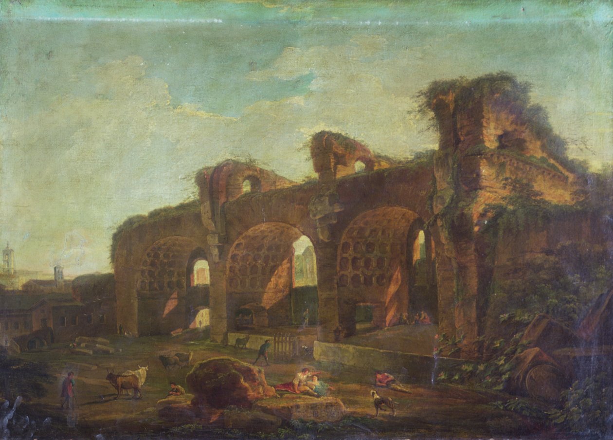 La Basilique de Maxence dans le Forum Romain avec Paysans et Bétail au Premier Plan - Hubert (circle of) Robert