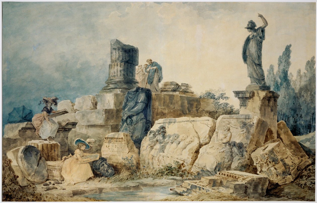 Deux jeunes femmes dessinent les ruines de Rome, trois personnages en vêtements antiques les observent d