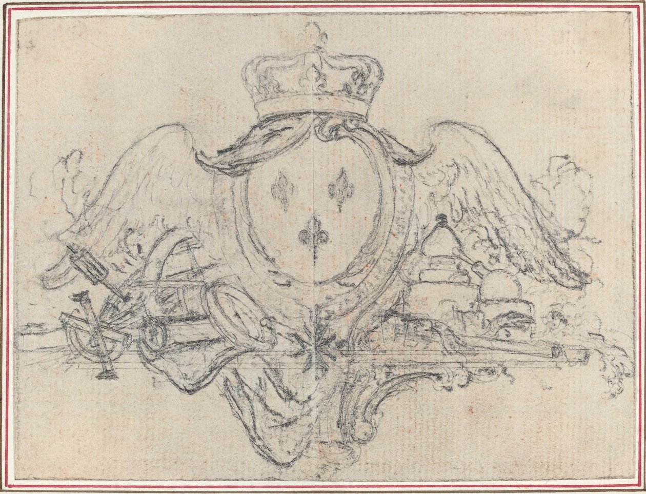 Armoiries du roi de France avec ailes et instruments scientifiques - Hubert Francois Gravelot