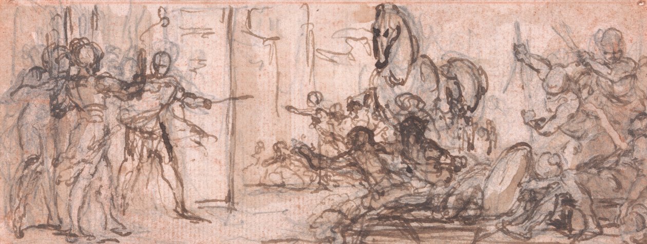 Conception pour une gravure : Bataille de Troie avec le cheval de Troie - Hubert Francois Gravelot