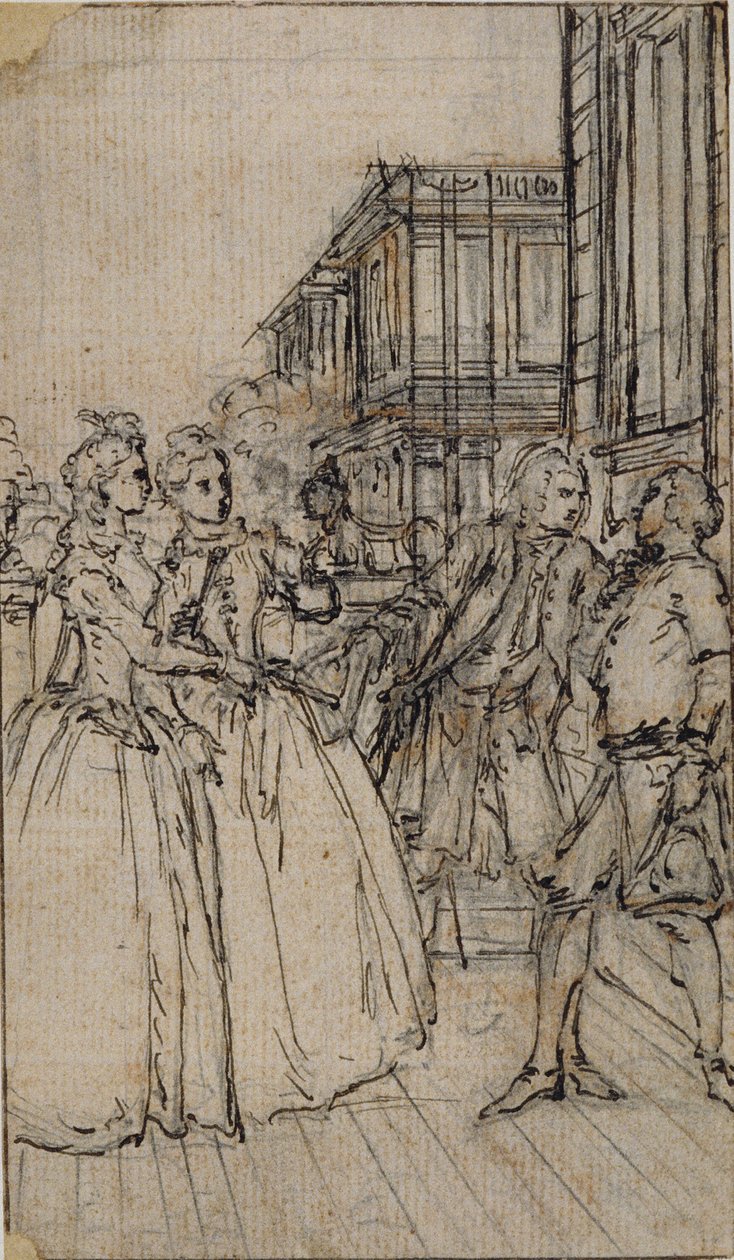 Illustration littéraire avec deux dames et deux messieurs dans une rue - Hubert Francois Gravelot