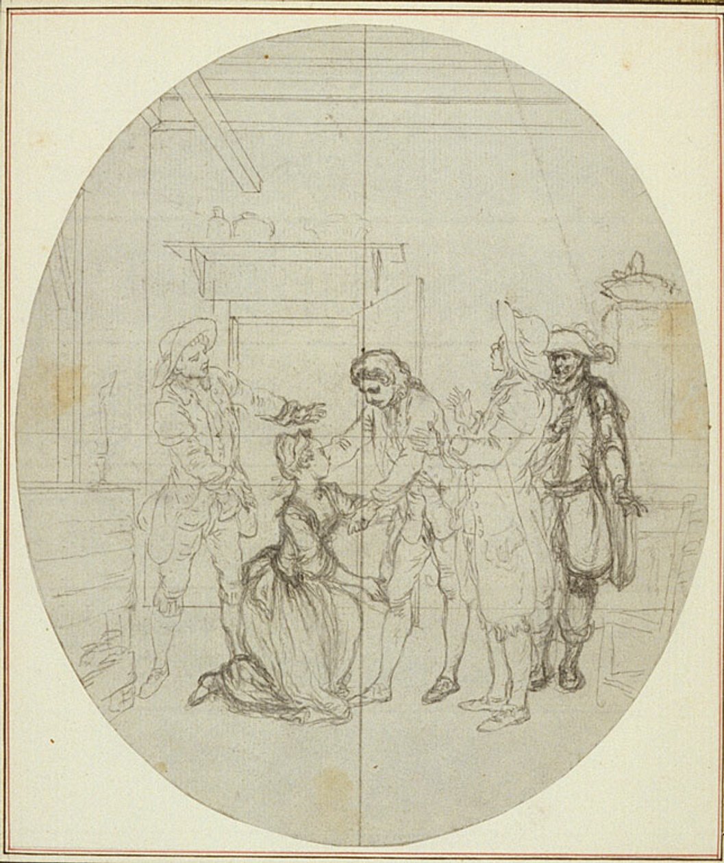 Étude pour une deuxième édition, jamais publiée, de "La Partie de Chasse de Henri IV" de Colle, Acte III, Scène 11 - Hubert Francois Gravelot