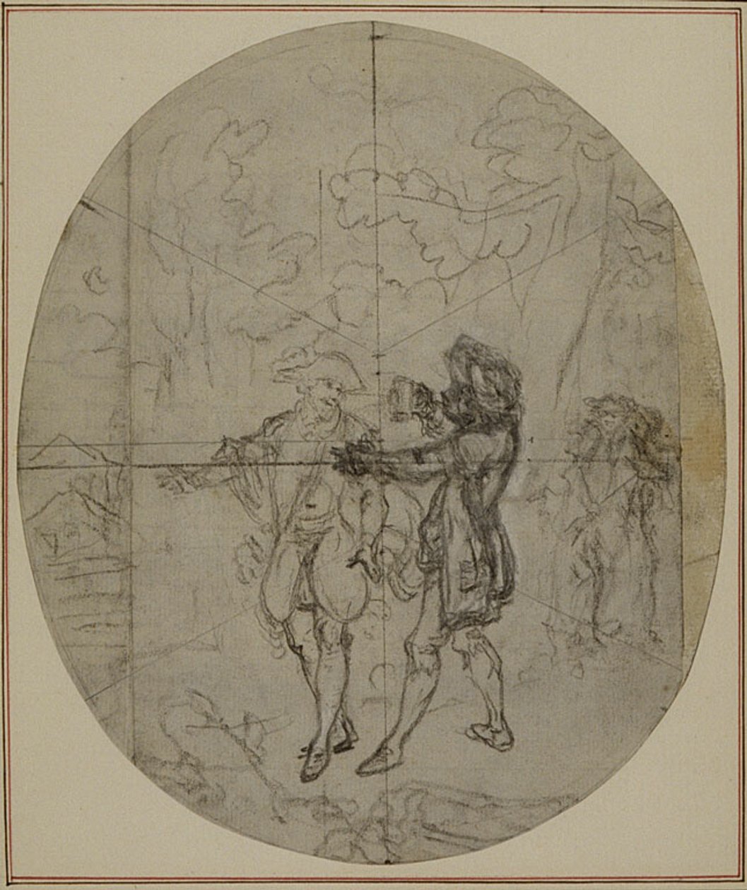 Étude pour une deuxième édition, jamais publiée, de "La Partie de Chasse de Henri IV" de Colle, Acte II, Scène 11 - Hubert Francois Gravelot