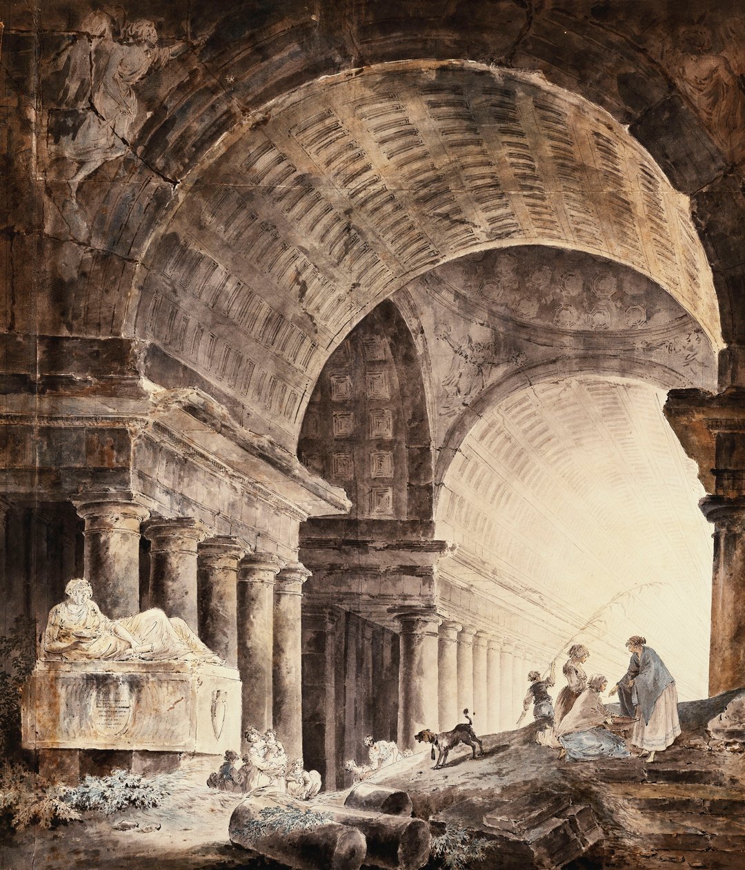Un grand bâtiment à voûtes croisées, avec des femmes et des enfants et un chien près de colonnes brisées - Hubert Robert