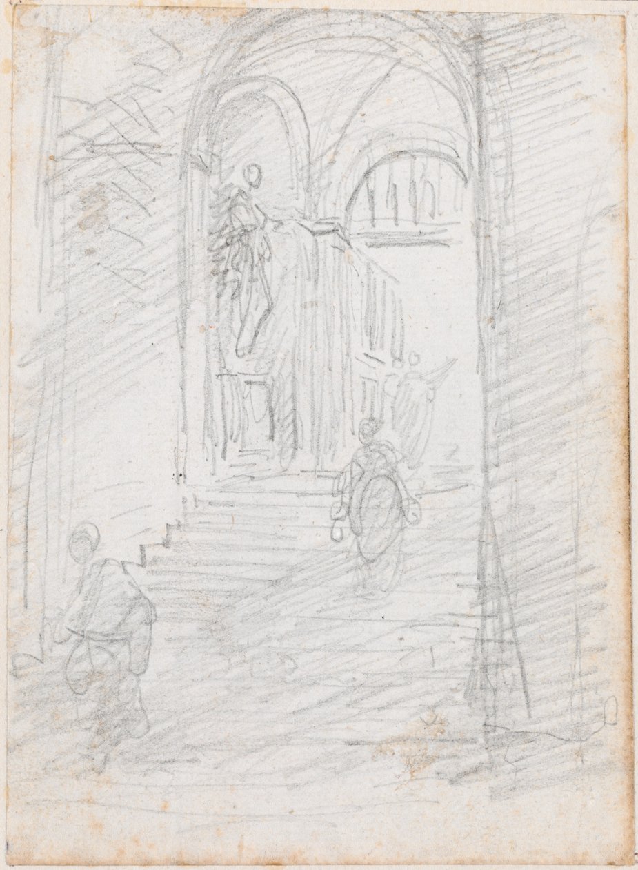 Figures sur un escalier monumental intérieur [recto] - Hubert Robert