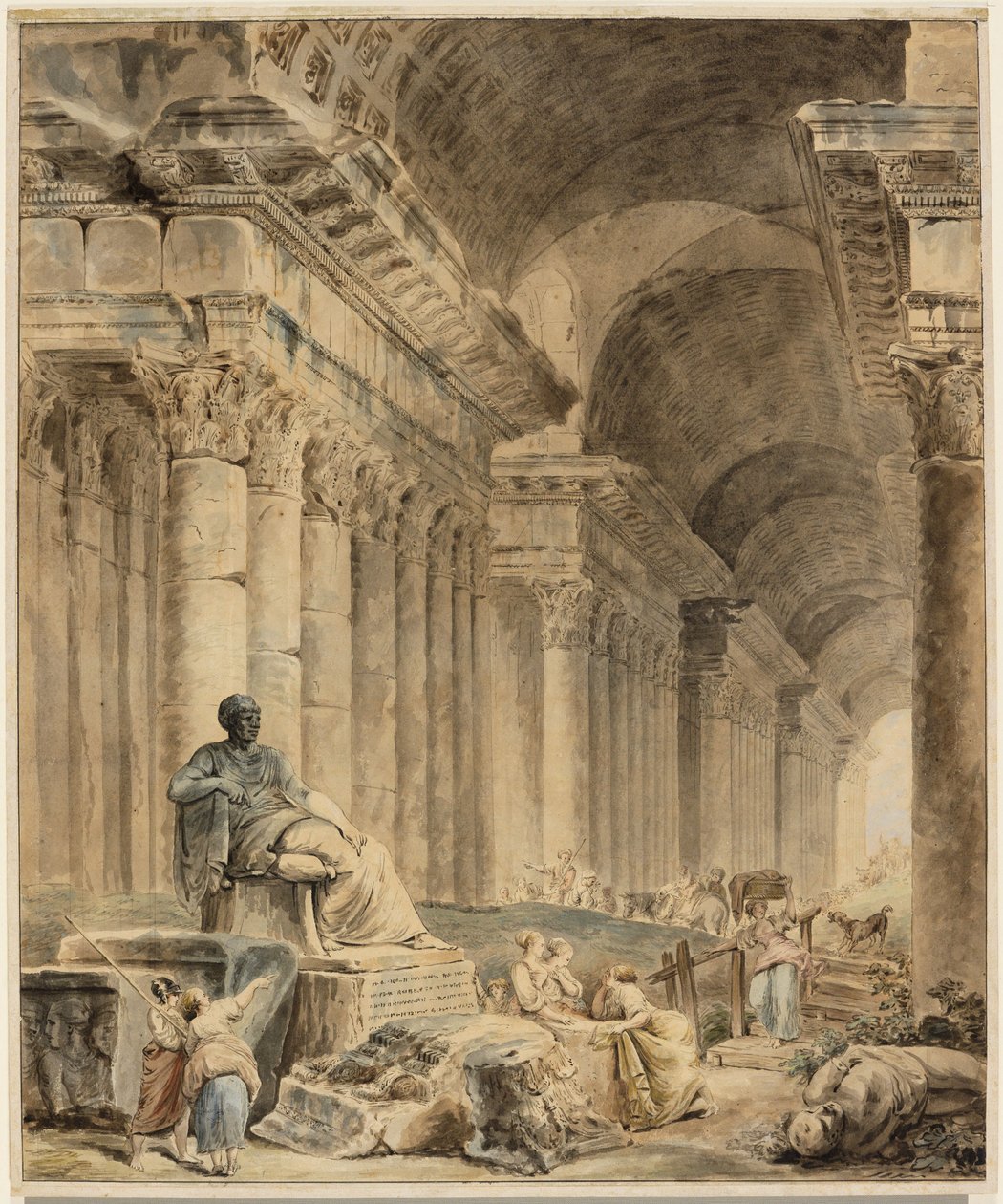 Galerie à colonnes voûtée avec une statue assise de style antique - Hubert Robert