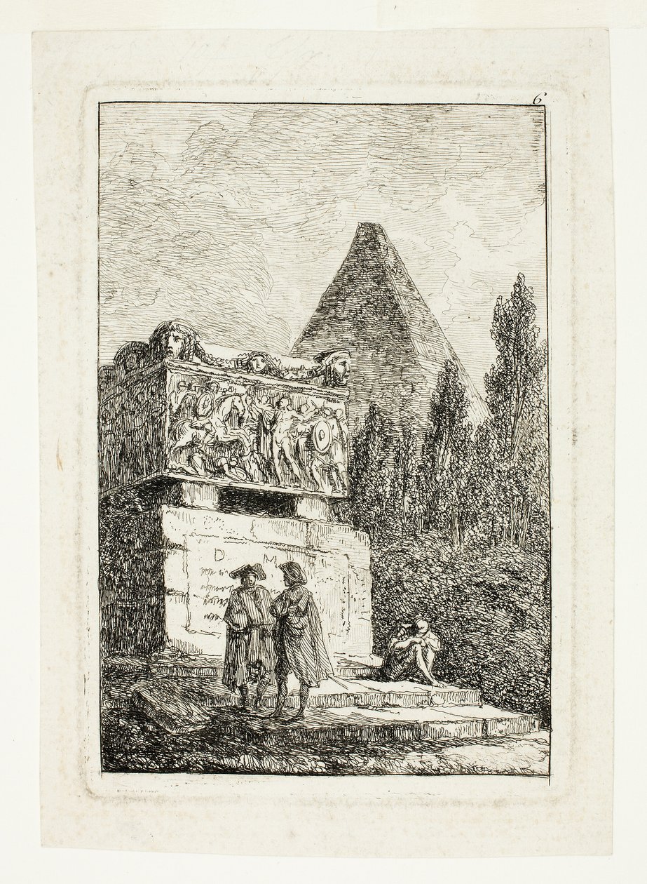 Paysage avec pyramide et sarcophage, planche six des Soirées de Rome - Hubert Robert