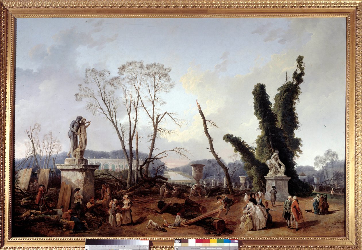 Le Tapis Vert au moment de la coupe des arbres en hiver 1774-1775 dans les jardins de Versailles (au premier plan, le roi Louis XVI et la reine Marie-Antoinette). Le tapis vert est aussi appelé l