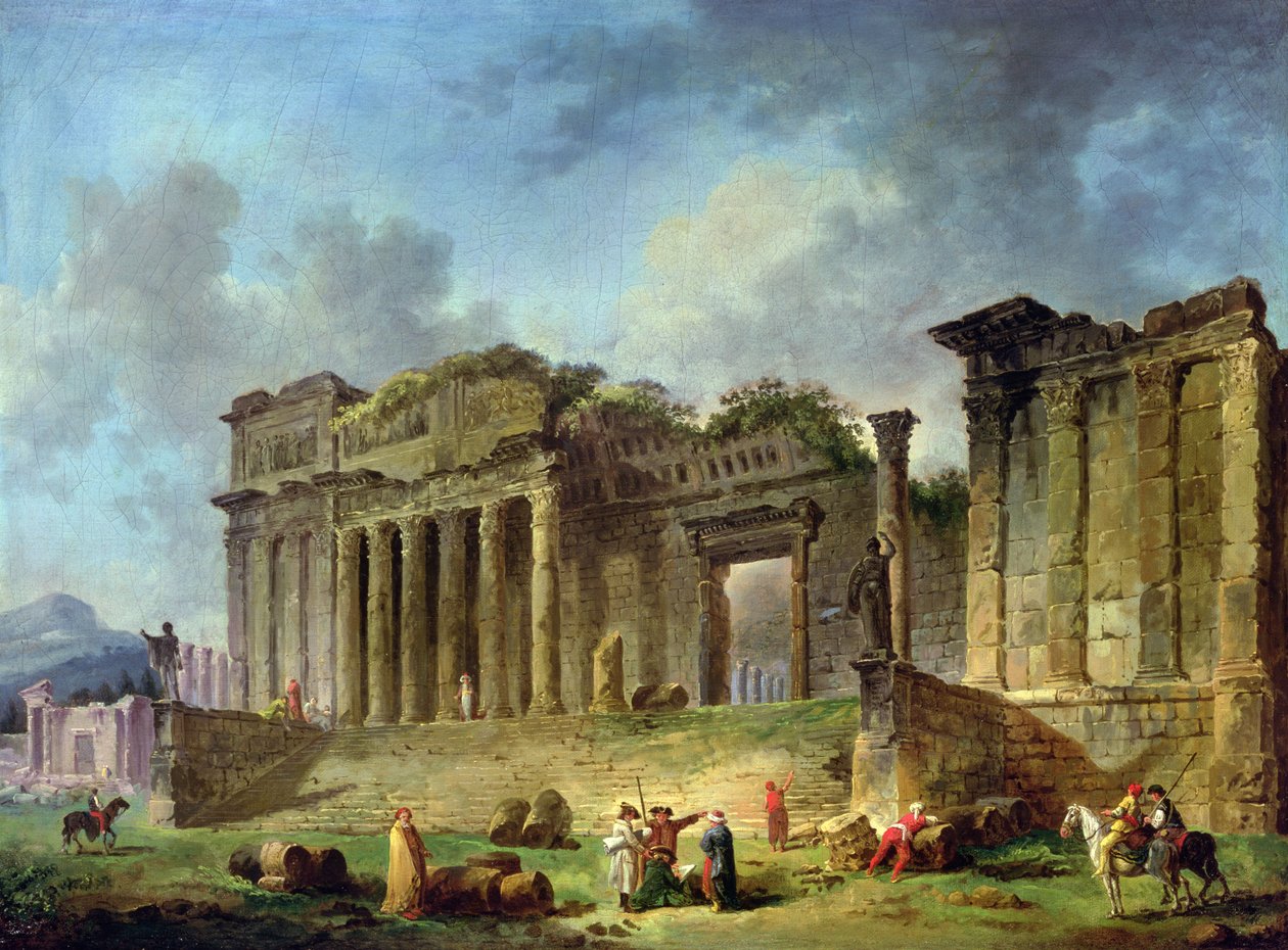 Homme dessinant les ruines d