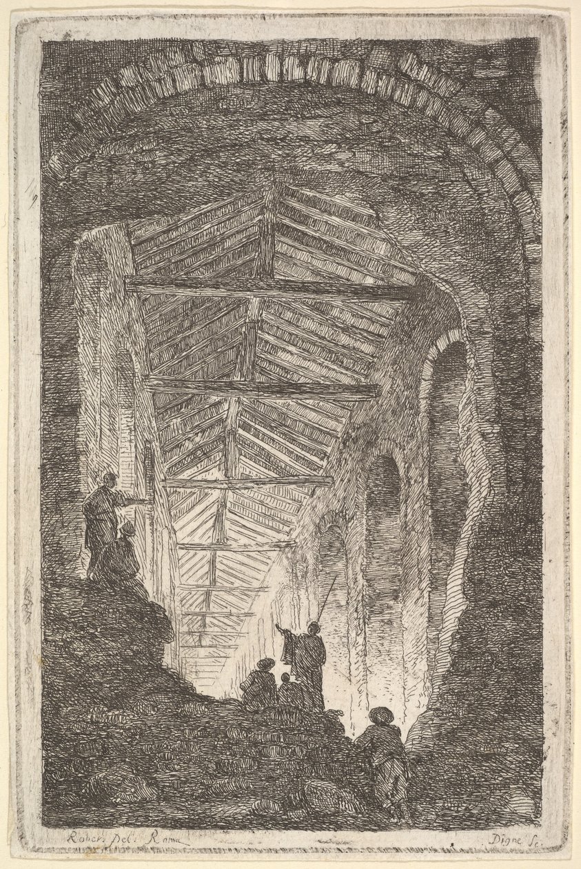 Planche 10 : La Galerie Ancienne : une grande galerie couverte, la lumière entrant par le fond - Hubert Robert