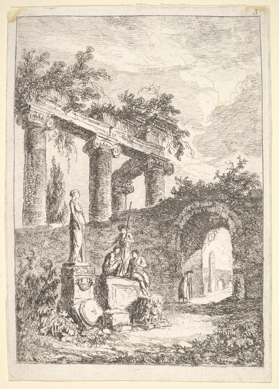 Planche 3 : La statue devant les ruines : une statue à gauche à côté de trois figures sur un p..., vers 1763-64 - Hubert Robert