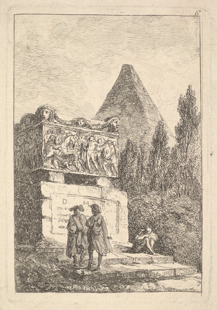 Planche 6 : Le Sarcophage : deux hommes conversant à gauche, un autre homme assis et dormant..., vers 1763-64 - Hubert Robert
