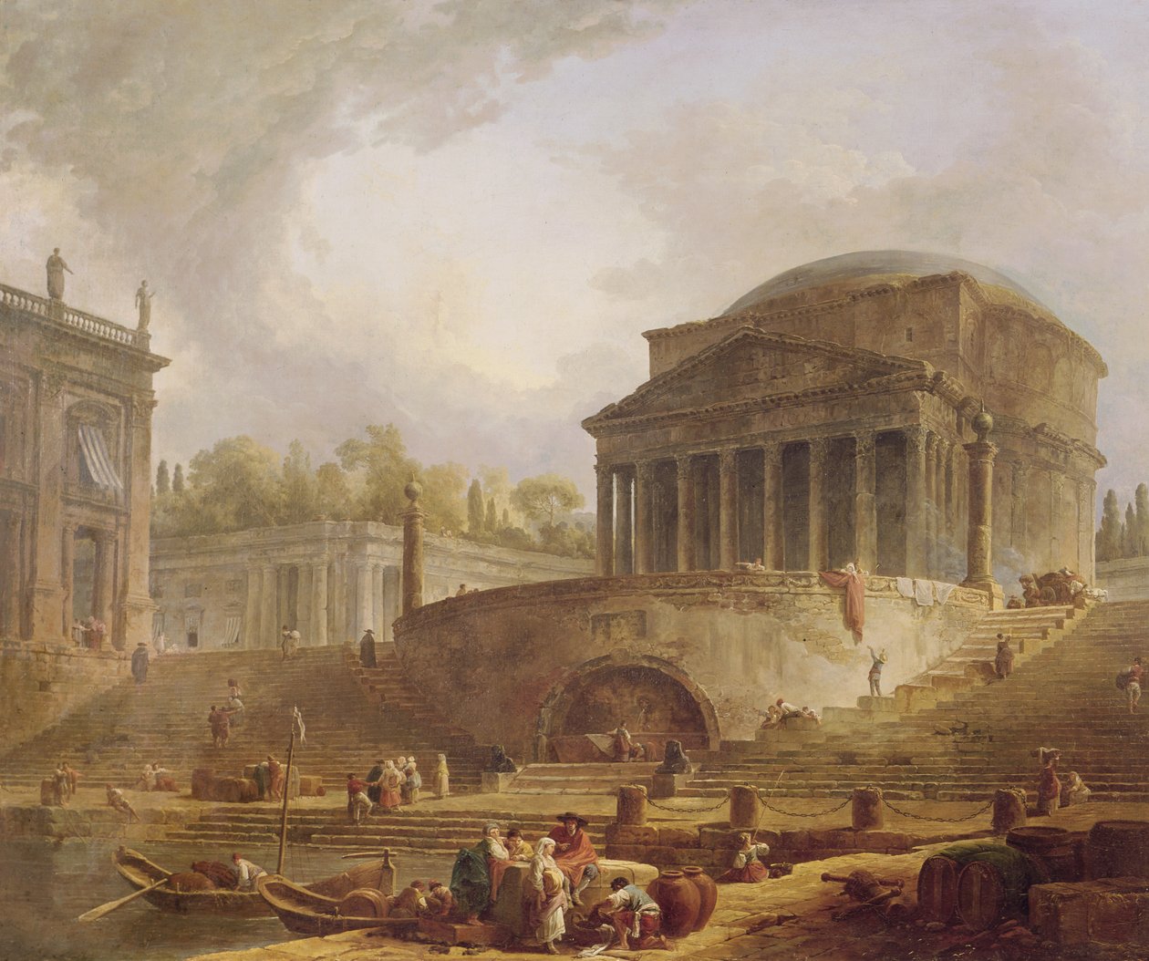 Porto di Ripetta à Rome, avec le Panthéon, tableau architectural, 1766 - Hubert Robert